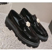 Sumptuous Chanel Patent Leather Loafers with Bloom Black 120026