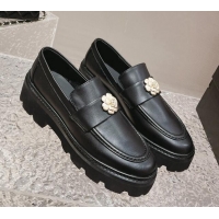 Buy Luxury Chanel Calf Leather Loafers with Bloom Black 120028