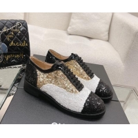 Original Cheap Chanel Sequins Leather Lace-ups Shoes Silver/Gold/White 120033