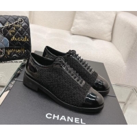 Pretty Style Chanel Tweed & Patent Leather Lace-ups Shoes Black 120034