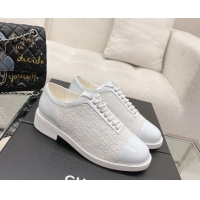 Luxurious Chanel Tweed & Patent Leather Lace-ups Shoes White 120035