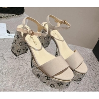 Pretty Style Chanel Grosgrain & Crystals Platform Sandals 9cm G45365 Light Beige 201002