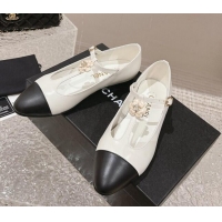 Best Grade Chanel Calfskin Ballet Flat with Bloom Charm White 201010