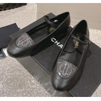 Best Product Chanel Leather & Crystals Mary Janes Ballet Flat Black 201013