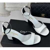 Duplicate Chanel Patent Calfskin Heel Sandals 6cm White 201025