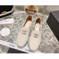 Stylish Chanel Lambskin Loafers with Pearls CC White 201034