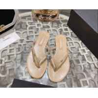 Luxury Chanel Leather Flat Thong Slide Sandals with Crystal CC Beige 201037