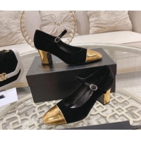 Good Quality Chanel Velvet Mary Janes Pumps 6.5cm Black/Gold 201039