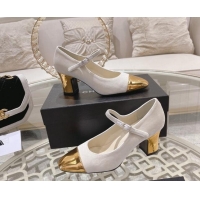 Best Product Chanel Velvet Mary Janes Pumps 6.5cm White/Gold 201042