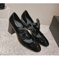 Best Grade Chanel Patent Leather Mary Janes Pumps 5cm with Bow Black 201049