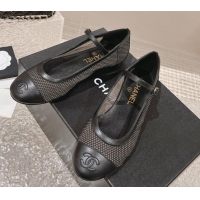 Stylish Chanel Mesh and Calfskin Mary Janes Flat Shoes Black 201055