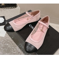 Popular Style Chanel Mesh and Calfskin Mary Janes Flat Shoes Pink 201056