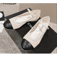 Pretty Style Chanel Mesh and Calfskin Mary Janes Flat Shoes White 201057