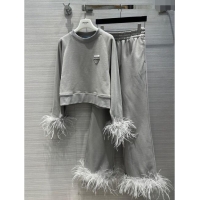 Promotional Prada Crew-neck Sweatshirt and Pants with Feather Trim P112936 Grey 2023