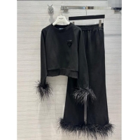 Top Grade Prada Crew-neck Sweatshirt and Pants with Feather Trim P112937 Black 2023