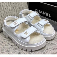 Shop Duplicate Chanel Patent Calfskin and Wool Strap Sandals White 201063