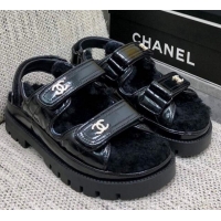 Comfortable Chanel Patent Calfskin and Wool Strap Sandals Black 1201064