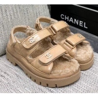 Pretty Style Chanel Patent Calfskin and Wool Strap Sandals Beige 1201065