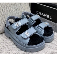 Luxury Chanel Patent Calfskin and Wool Strap Sandals Grey 1201066