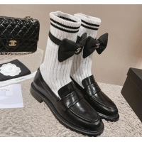 Top Grade Chanel Knit & Calfskin Ankle Boots with Bow White/Black 213009