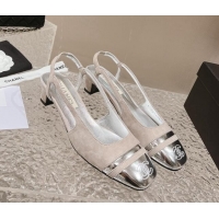 Good Looking Chanel Suede & Metallic Calfskin Slingback Pumps 5cm Light Grey 1213015