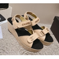 Top Grade Chanel Calfskin Platform Sandals 5.5cm/7cm Beige 1213018