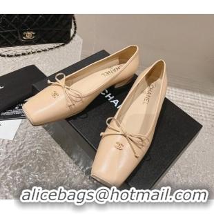 Shop Duplicate Chanel Lambskin Square Pumps 3.5cm with Bow CH121307 Beige 