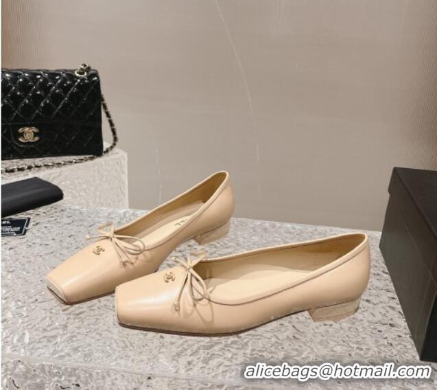 Shop Duplicate Chanel Lambskin Square Pumps 3.5cm with Bow CH121307 Beige 