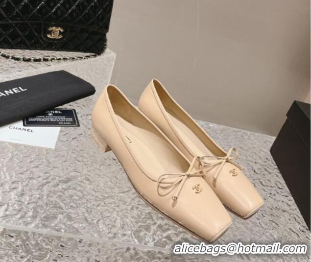 Shop Duplicate Chanel Lambskin Square Pumps 3.5cm with Bow CH121307 Beige 