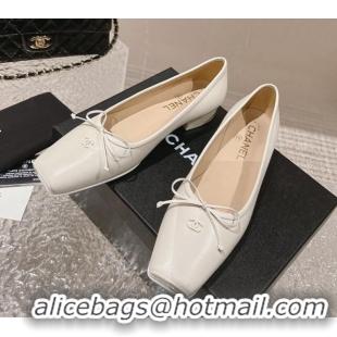 Good Quality Chanel Lambskin Square Pumps 3.5cm with Bow CH121307 White