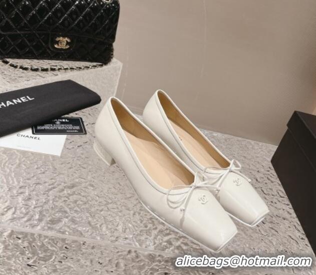 Good Quality Chanel Lambskin Square Pumps 3.5cm with Bow CH121307 White