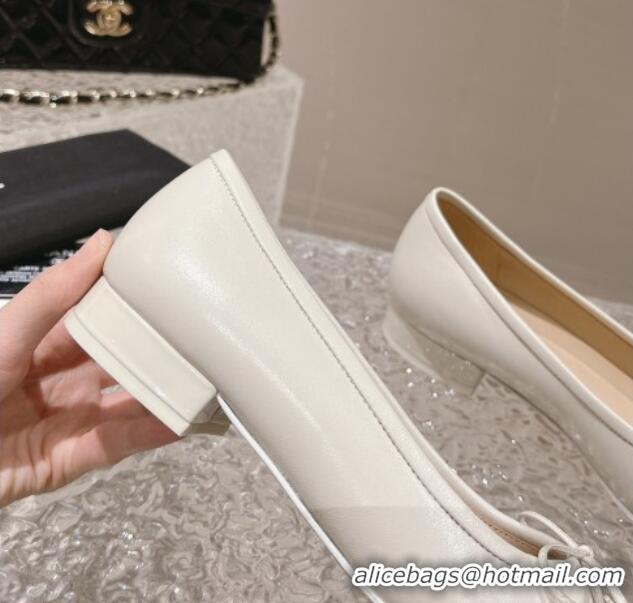 Good Quality Chanel Lambskin Square Pumps 3.5cm with Bow CH121307 White