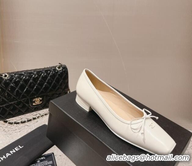 Good Quality Chanel Lambskin Square Pumps 3.5cm with Bow CH121307 White