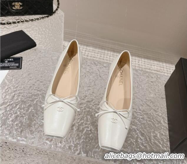 Good Quality Chanel Lambskin Square Pumps 3.5cm with Bow CH121307 White