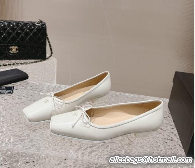 Good Quality Chanel Lambskin Square Pumps 3.5cm with Bow CH121307 White