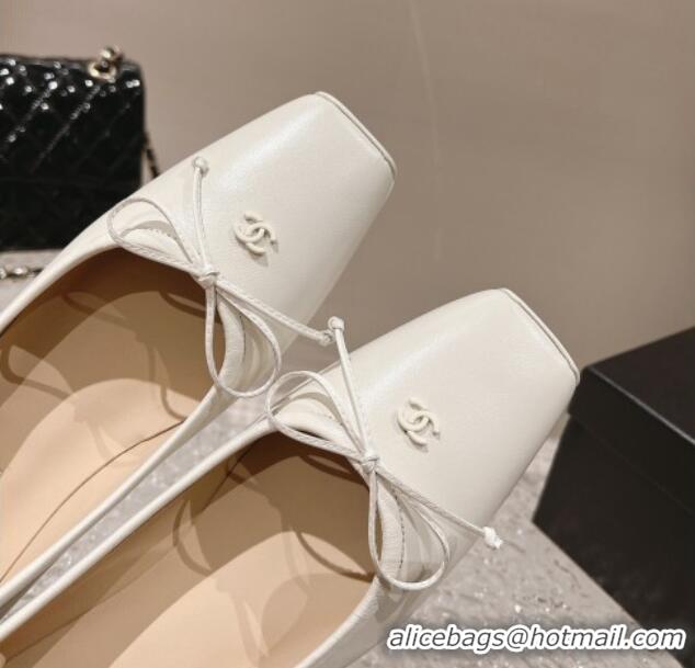 Good Quality Chanel Lambskin Square Pumps 3.5cm with Bow CH121307 White