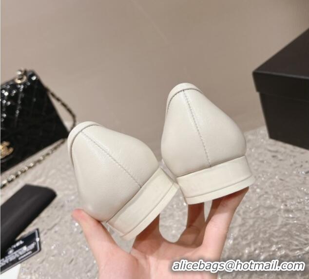 Good Quality Chanel Lambskin Square Pumps 3.5cm with Bow CH121307 White