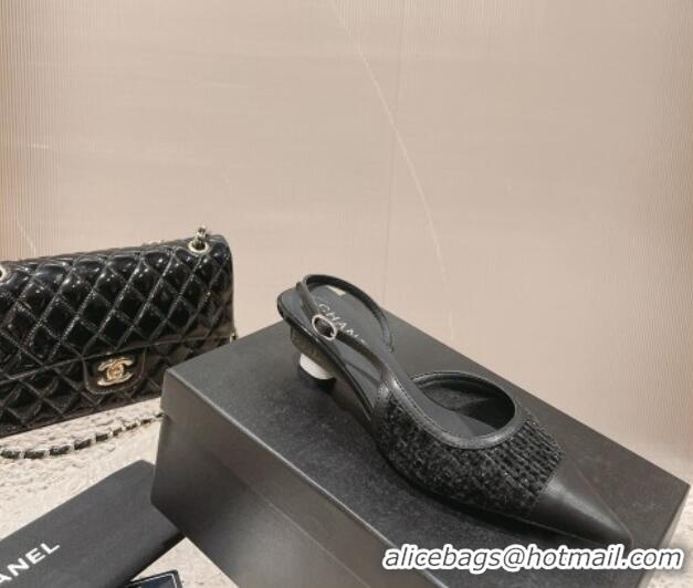 Durable Chanel Tweed & Leather Slingback Pumps 5cm Black 1213034