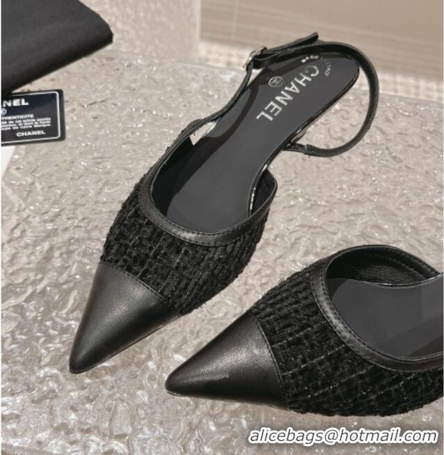 Durable Chanel Tweed & Leather Slingback Pumps 5cm Black 1213034