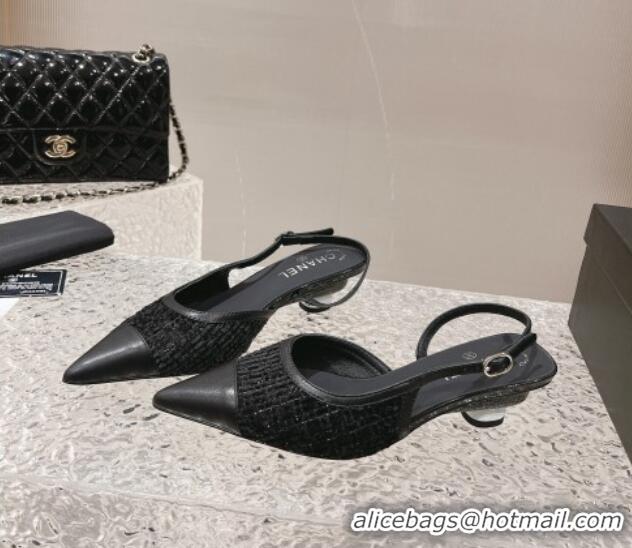 Durable Chanel Tweed & Leather Slingback Pumps 5cm Black 1213034