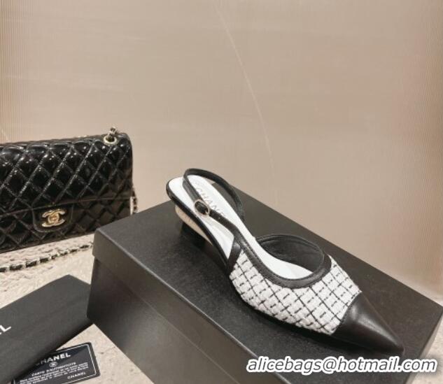 Perfect Chanel Tweed & Leather Slingback Pumps 5cm White/Black 1213036