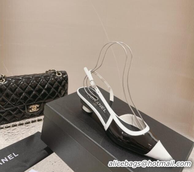 Low Price Chanel Patent Calfskin Slingback Pumps 5cm Black1/White 213037