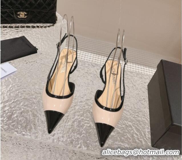 Comfortable Chanel Patent Calfskin Slingback Pumps 5cm Beige/Black 1213038