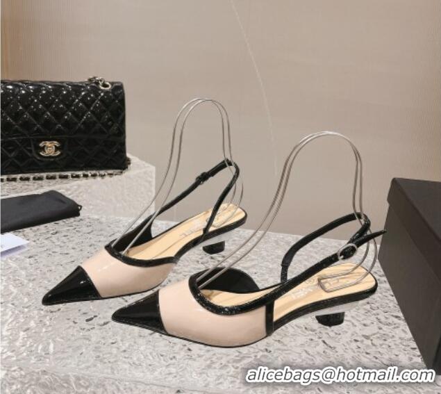 Comfortable Chanel Patent Calfskin Slingback Pumps 5cm Beige/Black 1213038