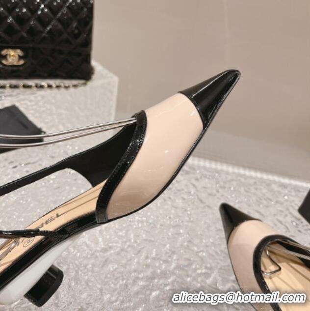 Comfortable Chanel Patent Calfskin Slingback Pumps 5cm Beige/Black 1213038