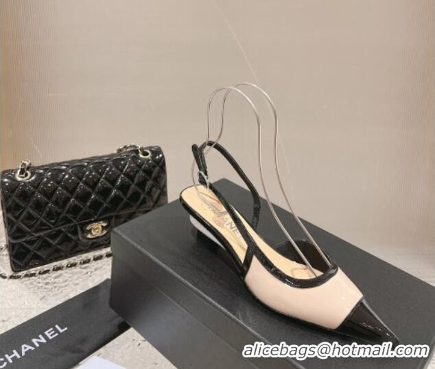 Comfortable Chanel Patent Calfskin Slingback Pumps 5cm Beige/Black 1213038