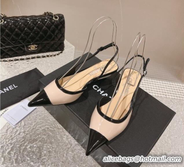 Comfortable Chanel Patent Calfskin Slingback Pumps 5cm Beige/Black 1213038