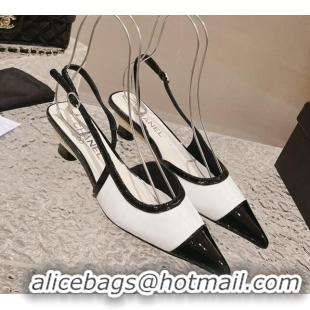 Good Looking Chanel Patent Calfskin Slingback Pumps 5cm White/Black 1213039