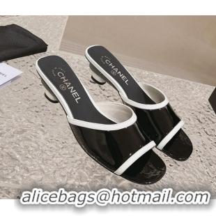 Best Price Chanel Patent Calfskin Heel Slide Sandals 5cm Black/White 213040