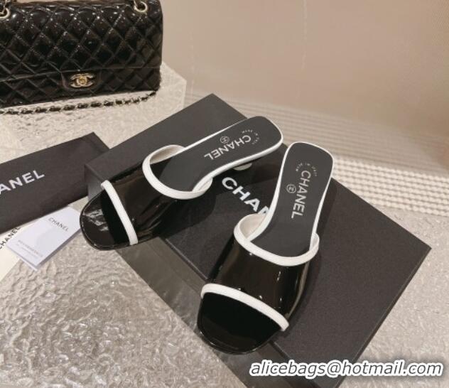 Best Price Chanel Patent Calfskin Heel Slide Sandals 5cm Black/White 213040